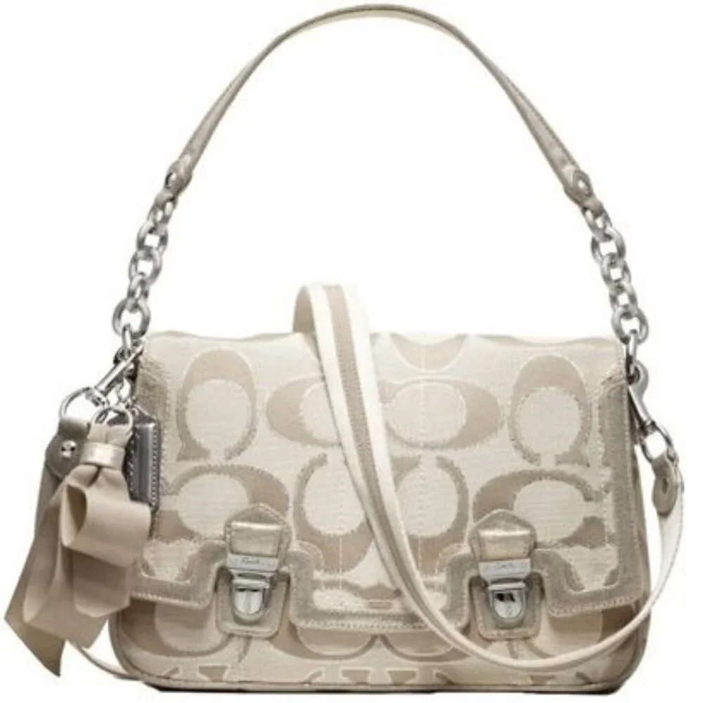 Coach Poppy Signature C Metallic Sateen & Leather Messenger Flap Satchel  #18352